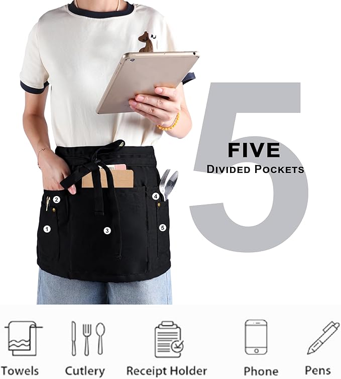 Server Apron with 5 Pockets - Rivet buckle Unisex Short/Half Waiter Waist Short Apron