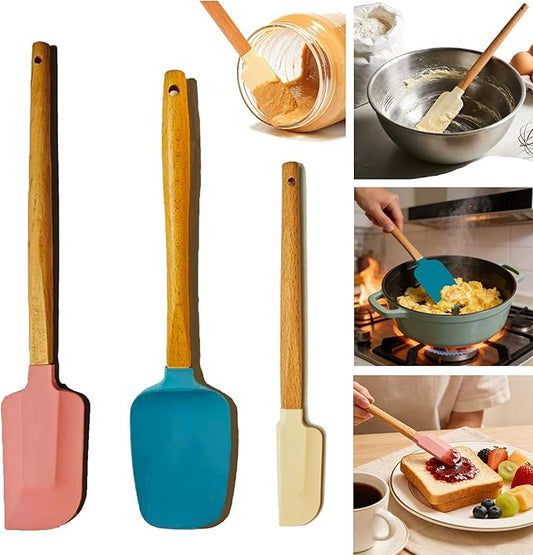3PCS Silicone Spatula Wooden Handle Set, Heat Resistant Silicone Spatula, Spatulas Silicone Heat Resistant Wood, Rubber Spatula for Baking Non-Stick Cooking Mixing, Pink & Blue & Beige