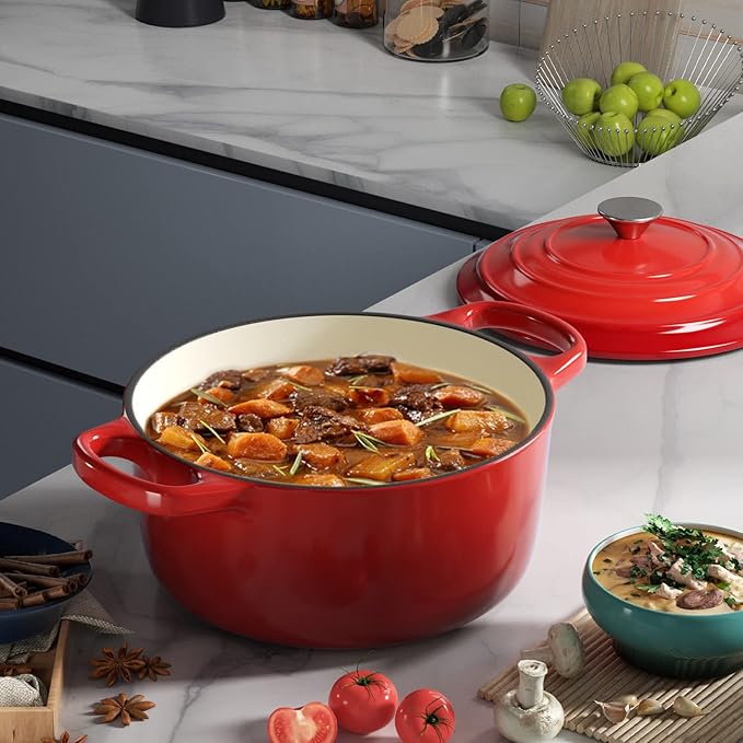 Miereirl 6 Quart Enameled Dutch Oven Pot with Lid, Cast Iron Dutch Oven with Dual Handles for Bread Baking, Cooking, Non-stick Enamel Coated Cookware (Red) - Image 6