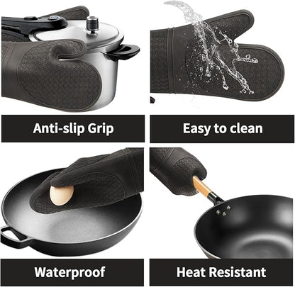 Hovico Silicone Oven Mitts, Heat Resistant 500F Kitchen Mitts 2PCS, 11.6" BPA-Free Soft Baking Gloves, Non-Slip Grip Oven Gloves with Soft Cotton Lining for Kitchen Cooking Baking BBQ - Black - Image 4