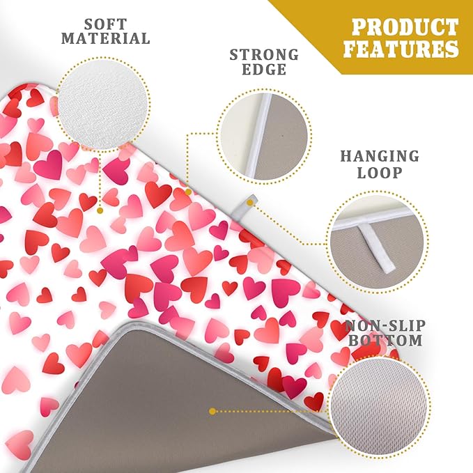Valentine's Day Dish Drying Mat for Kitchen Counter Hearts Holiday Microfiber Absorbent Dish Draining Reusable Washable Foldable Extra Large 18"x24" - Image 4