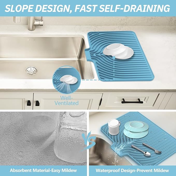 Dish Drying Mat for Kitchen Counter, with Built-in Drain Lip, Food-Grade Silicone, Easy Clean Pad for Countertop Protection, Multi-Functional Use (18x11.8, Light Blue) - Image 4