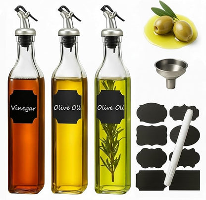 WERTIOO Olive Oil Dispenser Bottle, 3Pack 17 OZ 500ml Glass Oil Dispenser for Kitchen with 3 Pourer,1 Stainless Steel Funnel & 1 Pen and 8 Label for Kitchen by WERTIOO