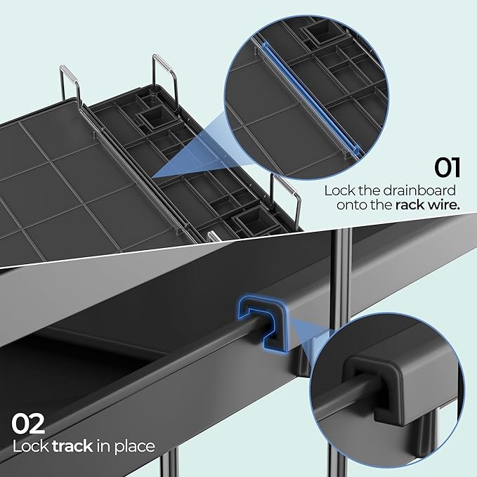 Large Dish Drying Rack, Expandable Dish Rack for Kitchen Counter, Dish Drainer with Drainboard Set, Multifunctional Dishrack with Utensil & Cup Holder, 13.4"-28.7" L x 11.8" W x 9.3" H, Black - Image 9