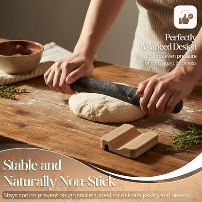 Flexzion French Rolling Pin, 12 Inch Black Marble Rolling Pins for Baking with Wooden Base Holder Stand - Non-Stick Baking Roller for Baking Fondant, Crust, Pastry, Cookies, Pizza, Pasta