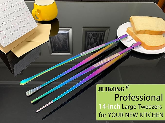 JETKONG 2 Pcs 14-Inch Culinary Tweezers Extra Long Food Tweezers Kitchen Tweezer Tongs for Cooking Grilling and BBQ (Rainbow) - Image 4