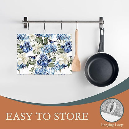 Blue Hydrangea Flowers Dish Drying Mat,Bird Drying Rack Pad Countertop Dishes Ultra Absorbent Microfiber Kitchen Counter Mat for Coffee Countertop Decor 18x24 Inch