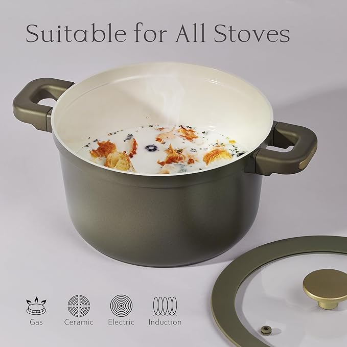 CAROTE Ceramic Saucepan Set 5.5QT/3QT/2QT，Nonstick Cooking Pots Set with Detachable Handles，Non-toxic Stock Pots with Lid，Induction Comptable，PFAS and PFOA Free，Olive Green - Image 5