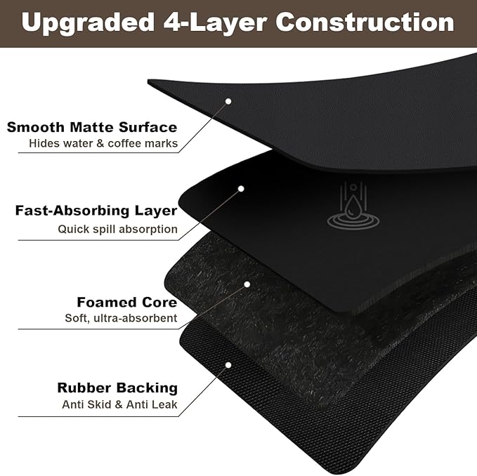 Coffee Mat,Absorbent Dish Drying Mat for Kitchen Counter,Coffee Bar Mat,Non-Slip Rubber Backed,Hide Stains & Quick Dry,for Espresso Machine,Coffee Station,Cups & Sink,12" x 20"(Black)