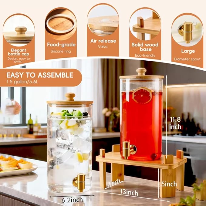 1.5 Gallon 2 Pack Glass Drink dispenser for parties,Beverage Dispenser With Wood Stand,Water Dispensers with spigot,lemonade dispenser,juice containers & water pitcher with lid - Image 4