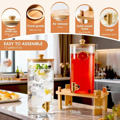 1.5 Gallon 2 Pack Glass Drink dispenser for parties,Beverage Dispenser With Wood Stand,Water Dispensers with spigot,lemonade dispenser,juice containers & water pitcher with lid - Image 4