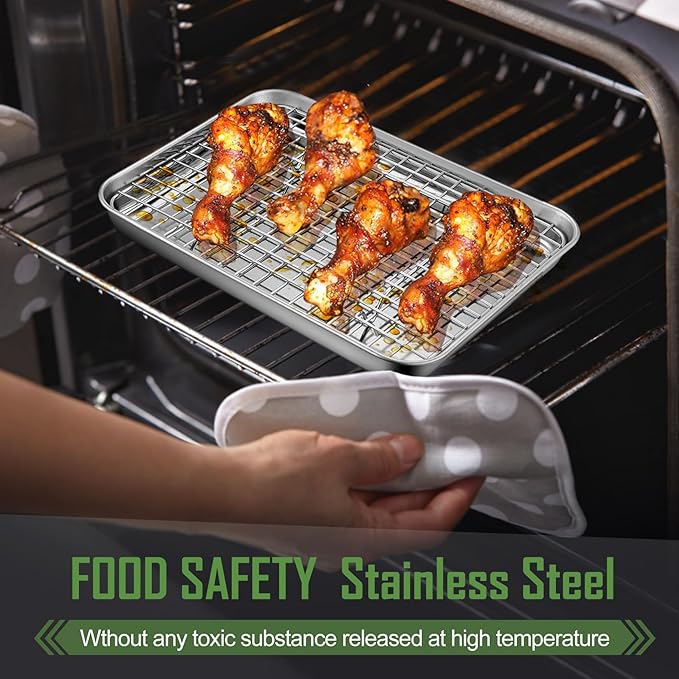 10.4 Inch Baking Sheet Pan with Cooling Rack Set, Joyfair Stainless Steel Toaster Oven Tray Pans with Grid Racks, Rectangular Bakeware for Cookie/Bacon, Heavy Duty & Rust-free, Dishwasher Safe