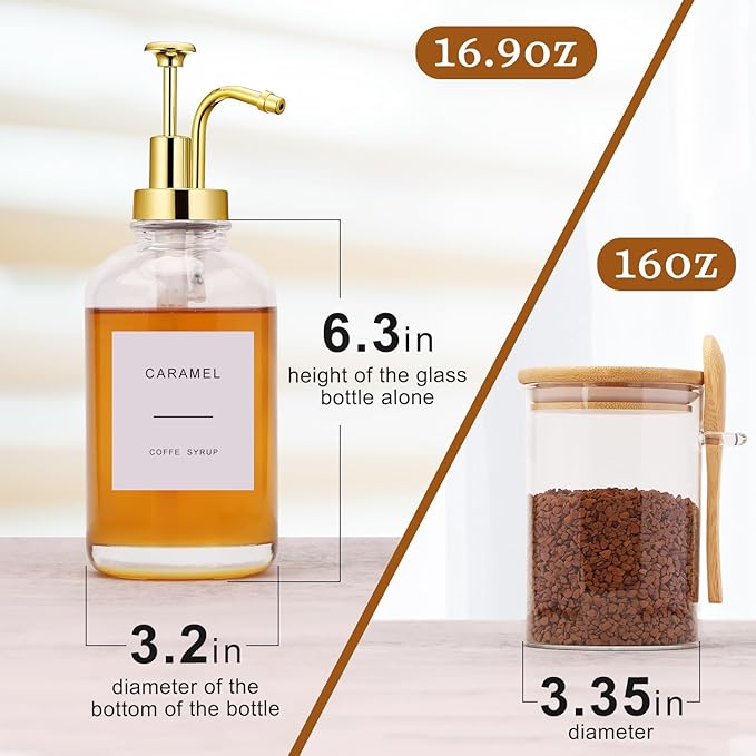 Coffee Bar Accessories, Coffee Syrup Dispenser-2 Pcs16.9 oz, Syrup Pump Dispenser for Coffee Bar, with Glass Bamboo Lid Jar with Spoon, Gold Pump Syrup Dispenser with Labels - Image 2