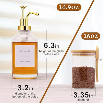 Coffee Bar Accessories, Coffee Syrup Dispenser-2 Pcs16.9 oz, Syrup Pump Dispenser for Coffee Bar, with Glass Bamboo Lid Jar with Spoon, Gold Pump Syrup Dispenser with Labels - Image 2