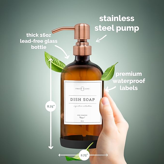 Vine Creations Amber Glass Soap Dispenser, 2 Pack Kitchen Soap Dispenser Set with Stainless Steel Pump, 16 oz Dish Soap and Hand Soap Dispensers for Bathroom with Waterproof Labels - Image 6
