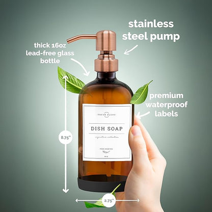 Vine Creations Amber Glass Soap Dispenser, 2 Pack Kitchen Soap Dispenser Set with Stainless Steel Pump, 16 oz Dish Soap and Hand Soap Dispensers for Bathroom with Waterproof Labels - Image 6