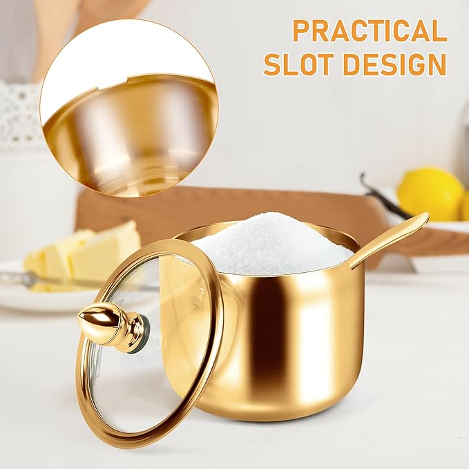 holoith 2 Pcs Coffee and Sugar Dispenser with Tray - 10 oz Sugar Bowl with Glass Lid and Spoon for Coffee Bar Accessories Kitchen Storage for Salt,Coffees Bean,Brown Sugar Cubes (Gold) - Image 5