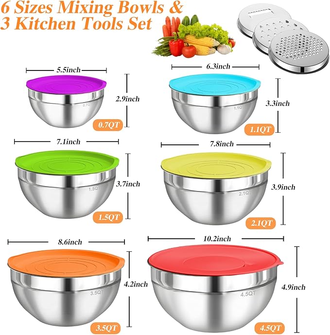 Mixing Bowls with Lids Set, 6 PCS Stainless Steel Mixing Bowls with 3 Grater Attachments, Kitchen Food Organizers Nesting Mixing Bowl, Large Size 4.5, 3.5, 2.1, 1.5, 1.1, 0.7QT-Colorful - Image 5