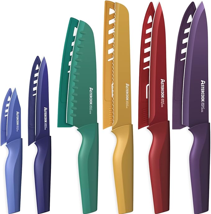 Astercook Knife Set, 12 Pcs Color-Coded Kitchen Knives Set, 6 Color Anti-Rust Coating Stainless Steel Chef Knife Sets with 6 Blade Guards Dishwasher Safe Mothers Day Gifts by Astercook