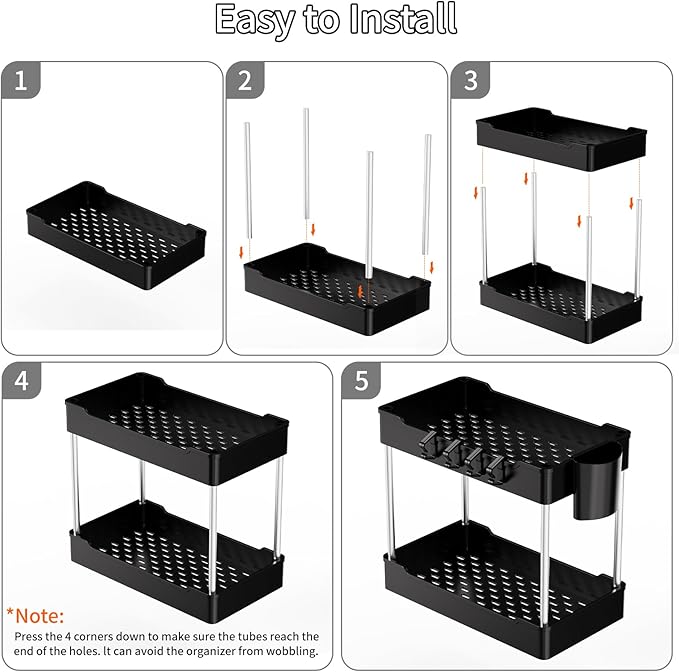 3 Pack Under Sink Organizers and Storage, 2 Tier Bathroom Cabinet Organizer Shelf with Hanging Cups for Kitchen & Bathroom (Black) - Image 7