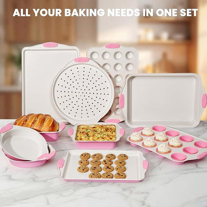 Kikcoin 22 PCS Nonstick Baking Pans Set, Stackable Bakeware Sets with Silicone Handles, 450°F Oven Safe Baking Sheet Set, Easy Release Cookie Sheets for Baking, Pink - Image 7