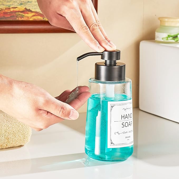 Soap Dispenser, Clear Glass Soap Dispenser with Rust Proof Pump, 16oz Liquid Soap Pump with Waterproof Labels, Dish & Hand Soap for Bathroom, Kitchen, Matte Black, Pack of 2 - Image 6