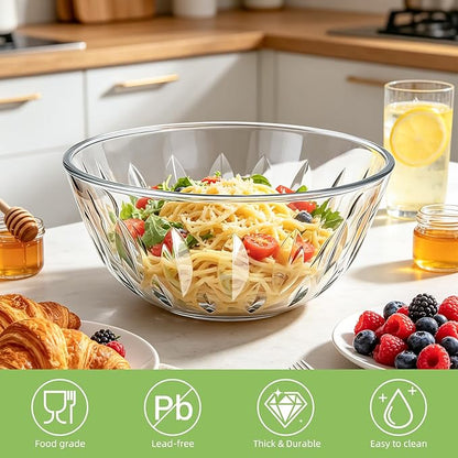Luvan 5-Pack Glass Mixing Bowls with Lids Set - Leaf Pattern Clear Serving Bowls with Dark Green Translucent Lids, Nesting Borosilicate Salad Bowl, Dishwasher & Microwave Safe - Image 4
