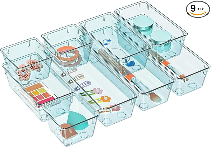 WOWBOX 9 Pack Clear Drawer Organizer Set, Acrylic Drawer Storage Trays, Storage Bins for Makeup, Cosmetics, Jewelries, Utensils, Gadgets, Office, Sea Blue by WOWBOX