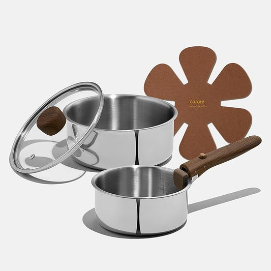 CAROTE Tri-Ply Stainless Steel Sauce Pan with Detachable Handle,1.5QT Sauce Pan & 3QT Saucepan with Lid, 5PCS Non-Toxic Induction Kitchen Stainless Steel Pot,Removable Handle,Oven Safe,Woodgrain by CAROTE