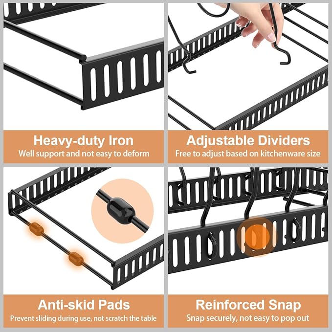 Housolution 2 Pack Pot and Pan Organizer, 12"-23" Expandable Pot Lid Organizer with 14 Adjustable Dividers, Pan Lid Holder Storage Rack for Cabinet, Black - Image 3