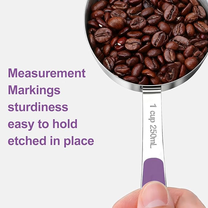 Bopei Measuring Cups and Spoons Set Stainless Steel 10 Piece for Cooking and Baking (5 Cups + 5 Spoons, Purple Handle) - Image 3