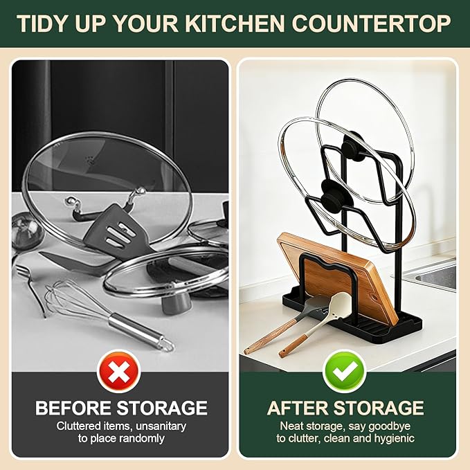 Kitchen Pot Lid Storage Rack: Carbon Steel Double Layer Pot Lid Organizer with Tray, Multifunctional Pot Lid Holder While Cooking, Saving Space Organizer Storage for Kitchen Countertop (Black) - Image 2
