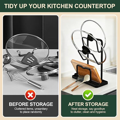 Kitchen Pot Lid Storage Rack: Carbon Steel Double Layer Pot Lid Organizer with Tray, Multifunctional Pot Lid Holder While Cooking, Saving Space Organizer Storage for Kitchen Countertop (Black) - Image 2