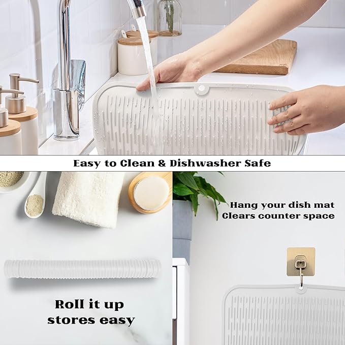 ZLR Large Silicone Dish Drying Mat (16" x 18") - XL Heavy Duty Drainboard Mat for Pots, Pans & Family Loads - Heat Resistant Trivet & Counter Protector, Easy Clean (Milk White) - Image 4
