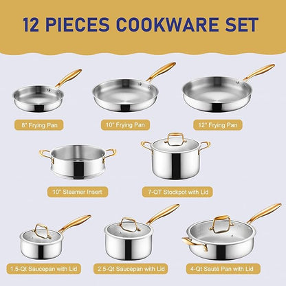 Triple Ply Stainless Steel Pots and Pans Set, EWFEN 12 Piece Induction Cookware Set, Oven Dishwasher Safe | Frying Pans, Saucepans, Saute Pan & Stock Pot, PFOA Free Kitchen Skillet, Gold - Image 2