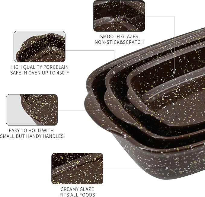 3-Pack Deep Rectangular Ceramic Baking Dishes, Heavy-Duty Oven-Safe Stoneware Casserole Pans for Lasagna Baking, High Heat Resistant Handcrafted Glazed Finish,Speckle Series(13.8''/12''/9.6'' Brown) - Image 4