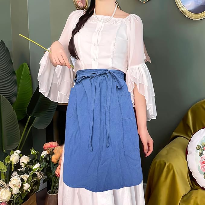 Cotton Linen Half Apron for Women Vintage Waist Apron Ruffle Plain Bright Color for Cooking Painting Artwork