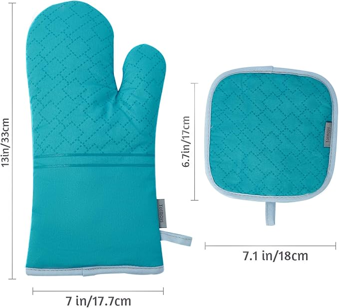 4Pcs Oven Mitts and Pot Holders Set, 572F Heat Resistant Oven Glove, Soft Cotton Lining with Non-Slip Surface for Kitchen Baking BBQ (Turquoise) - Image 6