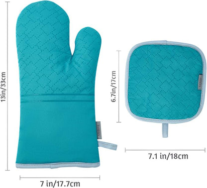 4Pcs Oven Mitts and Pot Holders Set, 572F Heat Resistant Oven Glove, Soft Cotton Lining with Non-Slip Surface for Kitchen Baking BBQ (Turquoise) - Image 6