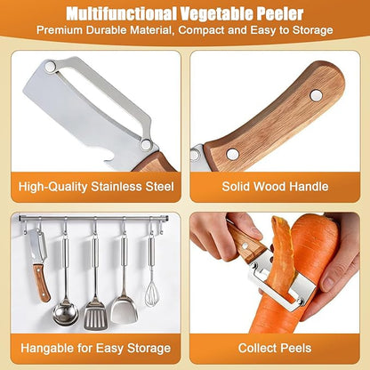 4PCS Multi-Functional Vegetable Peelers for Kitchen,2-in-1 Stainless Steel Kitchen Tool with Wooden Handle and Bottle Opener for Apple Potato Carrot Pumpkin Papaya