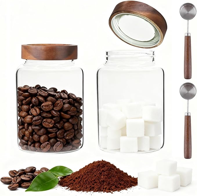 60 oz Glass Coffee Jars with Wooden Airtight Lid Spoon Clear Herb Ground Canister Round Food Storage Container for Sugar Pantry Flours Tea Coffee Bean Spice Cookies (1800ml/60oz-2PACK（with spoon)) - Image 2