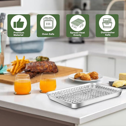 10.4 Inch Baking Sheet Pan with Cooling Rack Set, Joyfair Stainless Steel Toaster Oven Tray Pans with Grid Racks, Rectangular Bakeware for Cookie/Bacon, Heavy Duty & Rust-free, Dishwasher Safe