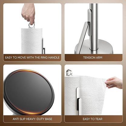 theaoo Heavy-Duty Stainless Steel Paper Towel Holder with Tension Arm – Easy One-Handed Tear, Modern Standing Countertop Dispenser for Kitchen, Holds All Paper Towel Rolls (1, Silver) - Image 6