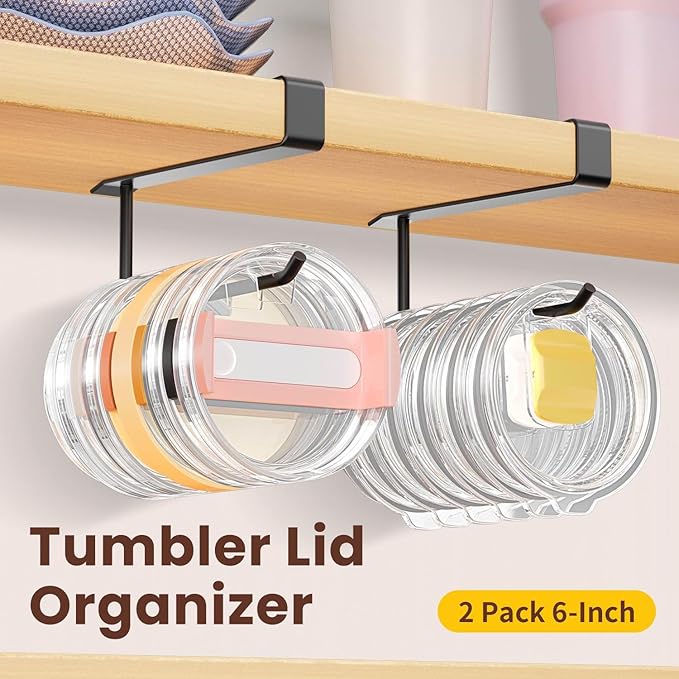 2 Pack Tumbler Lid Organizer, Under Cabinet Cup Lid Holder for Yeti Insulated Mug/Stanley Insulated Mug/Simple Modern Insulated Mug Lid, No Gluing, No Drilling, Up to 10 Lids (Black) - Image 2