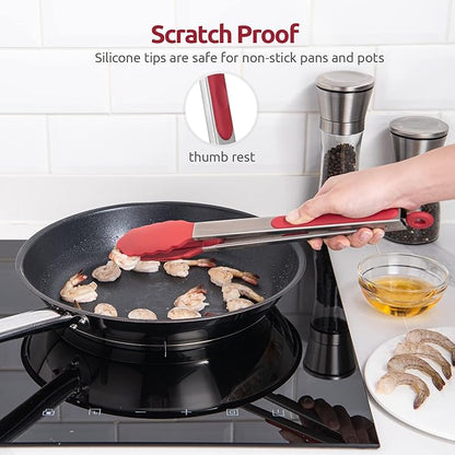 600ºF Heat Resistant Kitchen Tongs: U-Taste 12 inch Large Silicone Cooking Tong with Sturdy Non Stick Rubber Tips & Silicon Coated 18/8 Stainless Steel Handle & Smooth Locking for Serving Grill (Red) - Image 9