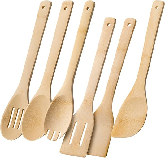 Wooden Spoons for Cooking, 6PCS Wooden Utensil Set Includes Slotted Spoon, Wooden Spoon & Wooden Spatula, Bamboo Cooking Utensils for Non-Stick Pans, Natural Bamboo Utensils by HEFILD