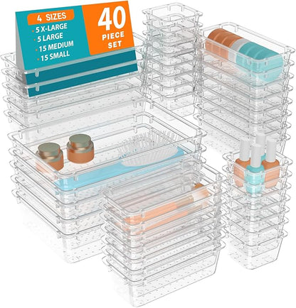 WOWBOX 40 PCS Clear Plastic Drawer Organizer Set, 4 Sizes Desk Drawer Organization and Storage Containers for Makeup, Cosmetics, Jewelry and Gadgets in Kitchen, Bathroom, Bedroom, Office, Clear by WOWBOX