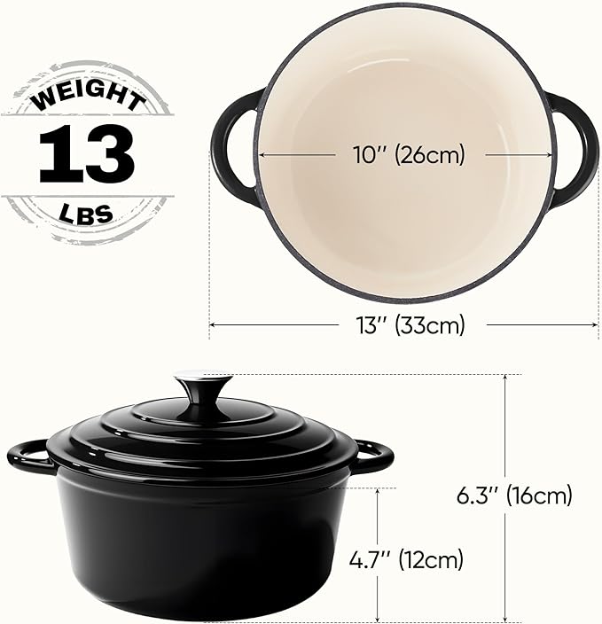 6 Quart Dutch Oven Pot with Lid, Non Stick Enameled Cast Iron Dutch Oven for Bread Baking, Heavy-Duty, Oven Safe Ceramic Cookware Up to 500°F for Baking, Braising, Stews, Roasting, Black - Image 4