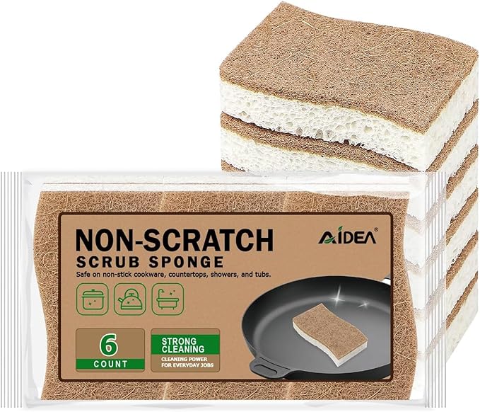AIDEA Sponges Non Scratch, 6Count, Natural Sponge for Non Stick Cookware, Sponges Kitchen, Cellulose Scrub Sponge for Dishes, Cleaning Power for Kitchen, Bathroom, Household by AIDEAHOME