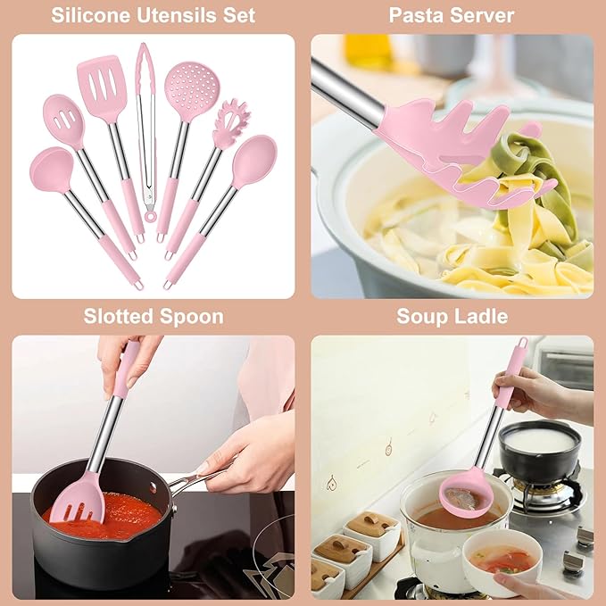 E-far Silicone Cooking Utensils Set, 7 Pcs Heat Resistant Kitchen Utensils with Stainless Steel Handle, Slotted Turner, Spoon, Soup Ladle, Pasta Server, Skimmer, Tongs for Nonstick Cookware, Pink - Image 4